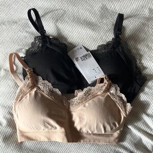 Lace Trim Nursing Bralette Set - Black and Tan